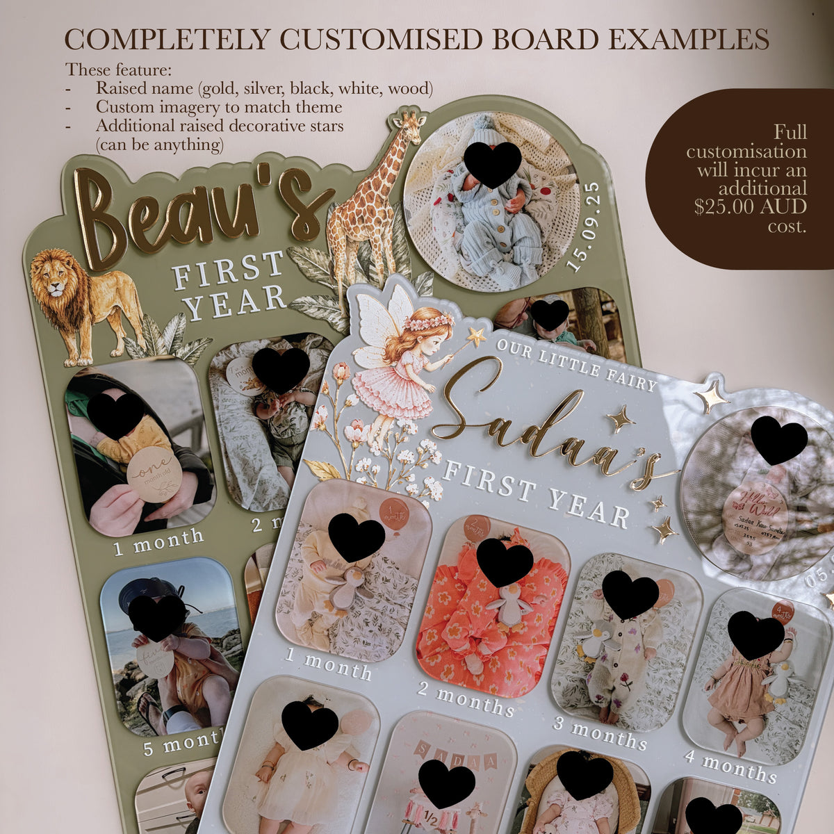 FIRST BIRTHDAY PHOTO BOARD | Personalised | Printed Photos Option + FREE Photo Add-On | Multiple Colour Choices