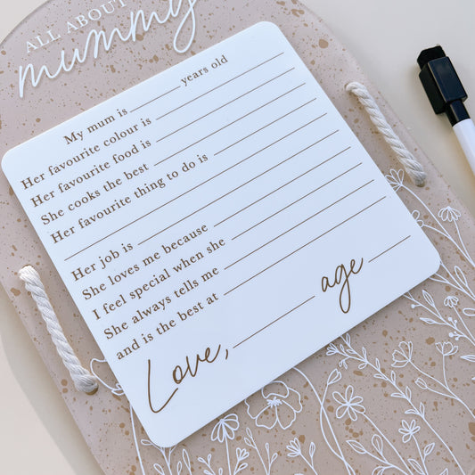 ABOUT MY MUM | Reusable Board | + FREE Removable Marker | Multiple Colour Options