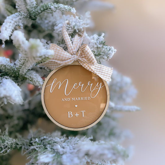 MERRY & MARRIED | Christmas Ornament | PERSONALISED WITH INITIALS | Multiple Colour + Pattern Choices