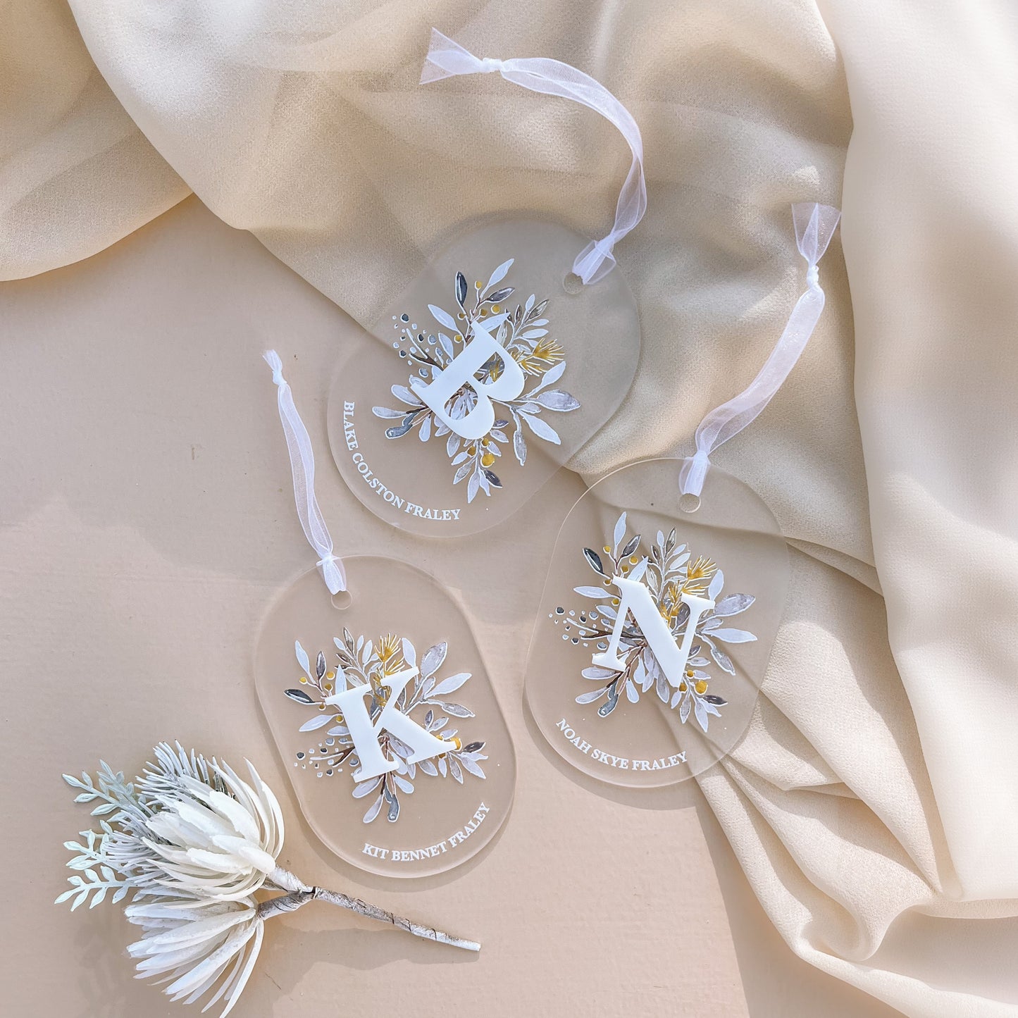 LEAF + INITIAL DETAIL FROSTED ACRYLIC ORNAMENT | Personalised | 3 Shapes