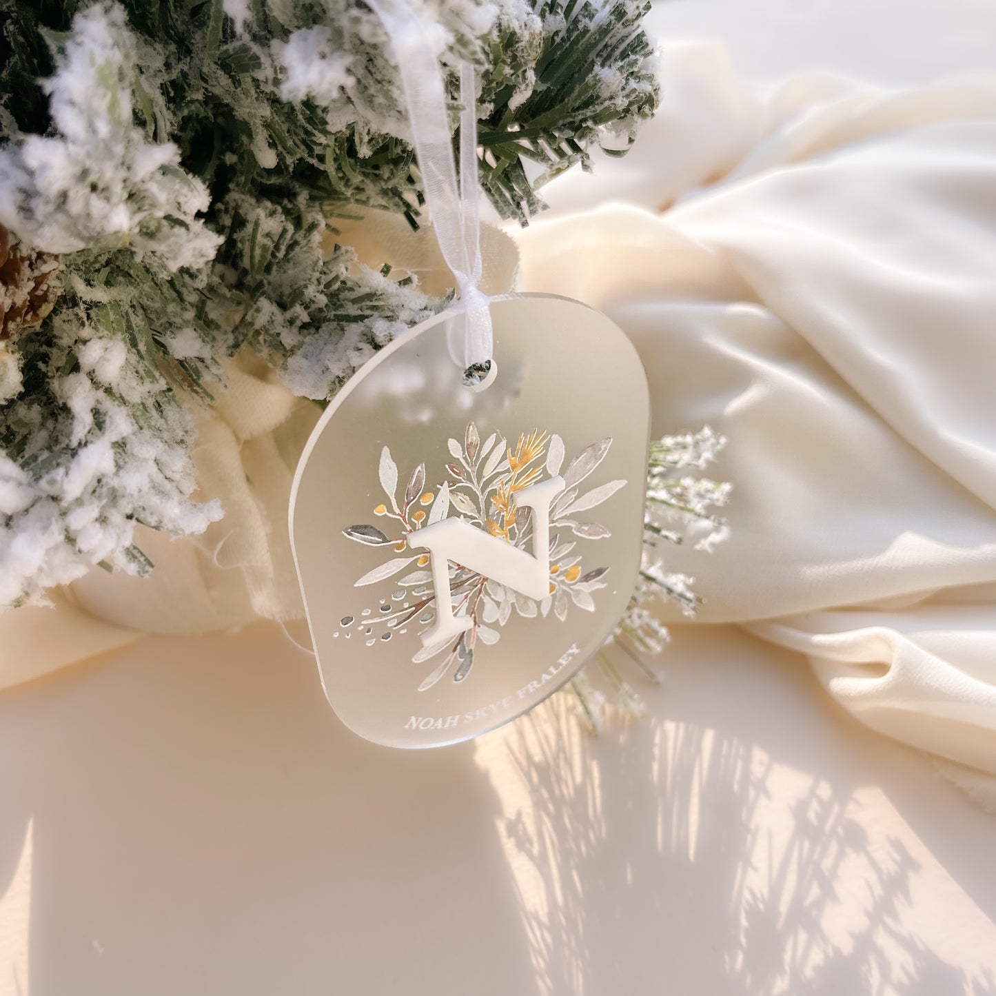 LEAF + INITIAL DETAIL FROSTED ACRYLIC ORNAMENT | Personalised | 3 Shapes