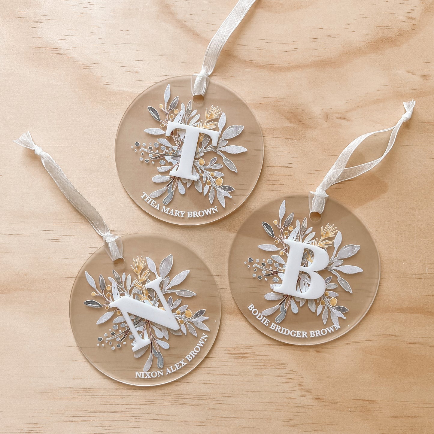 LEAF + INITIAL DETAIL FROSTED ACRYLIC ORNAMENT | Personalised | 3 Shapes