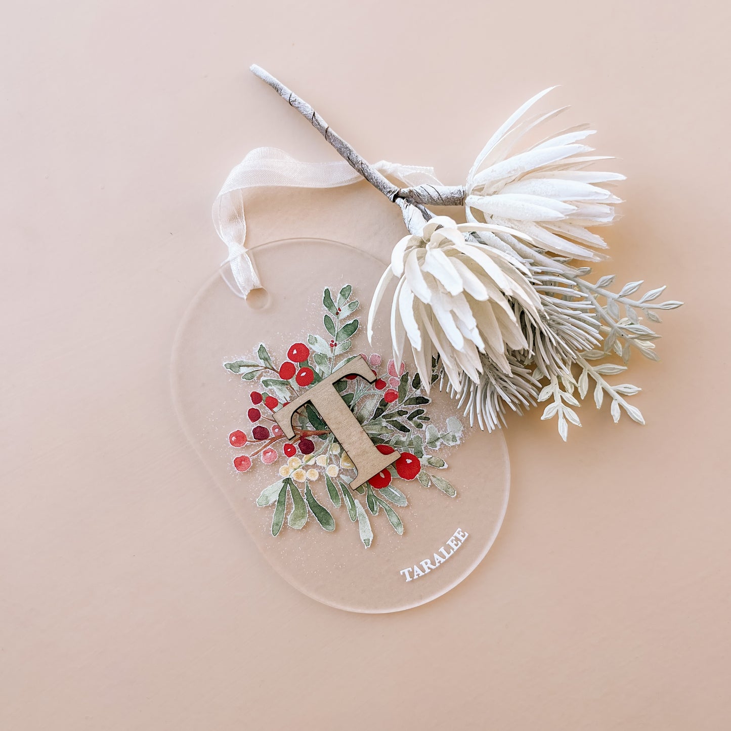 LEAF + INITIAL DETAIL FROSTED ACRYLIC ORNAMENT | Personalised | 3 Shapes