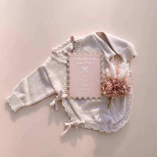 Personalised acrylic birth announcement plaque with baby name Delilah Mae by Salt And Pine Store