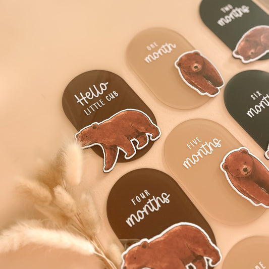 Bear themed baby milestone cards with watercolour bear illustrations in warm neutral tones