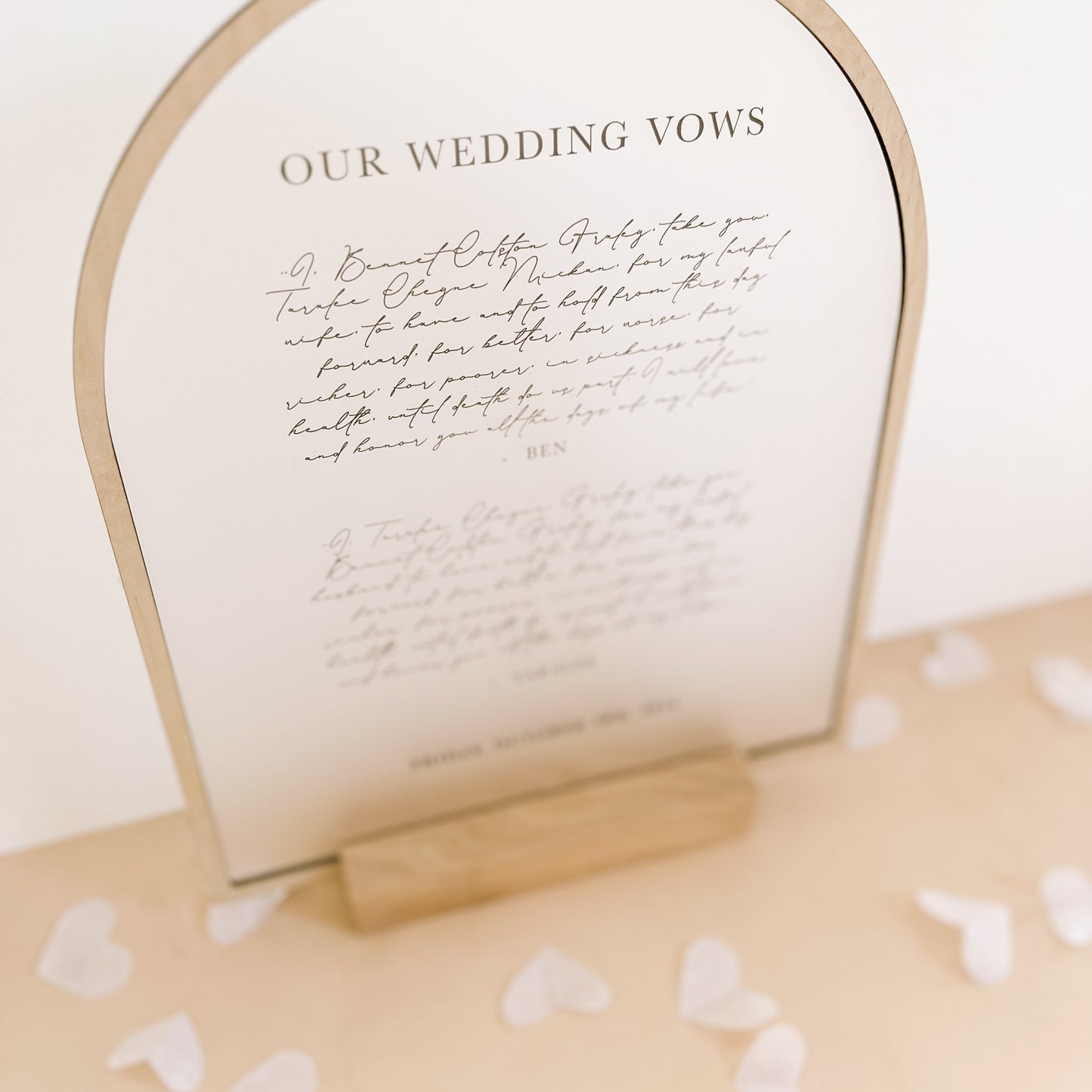 Wedding Vows Plaque with Wooden Border + Stand | PERSONALISED | Multiple Colour Options