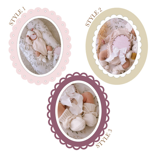 Three personalised baby photo magnets showing different scalloped frame styles in soft neutral tones