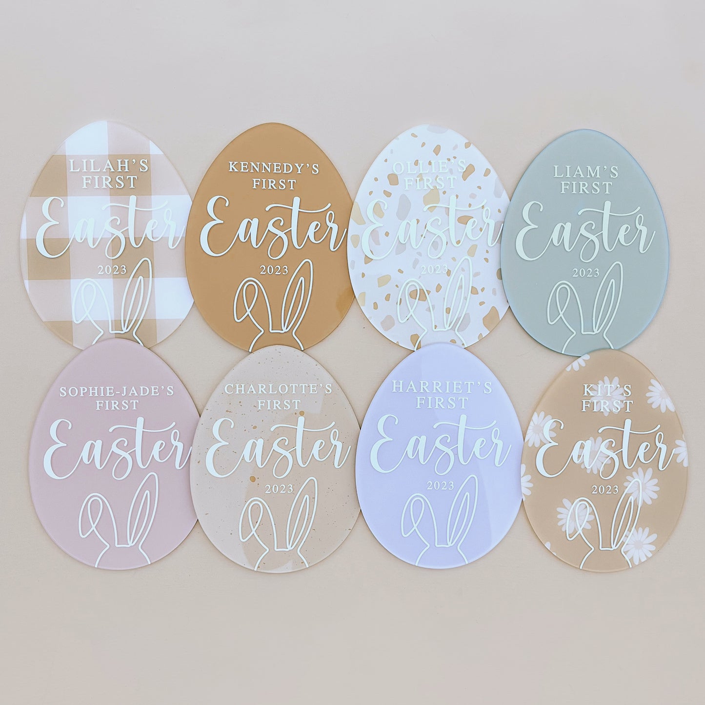 'FIRST EASTER' Acrylic Egg Plaque | Multiple Colour + Pattern Choices