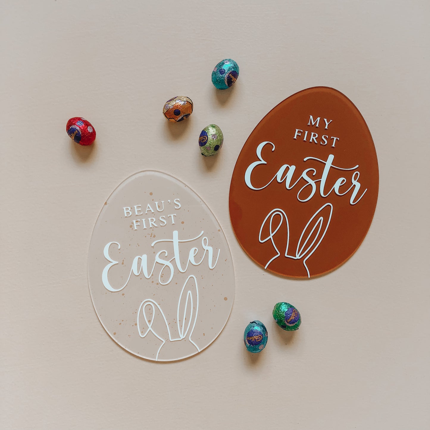 'FIRST EASTER' Acrylic Egg Plaque | Multiple Colour + Pattern Choices