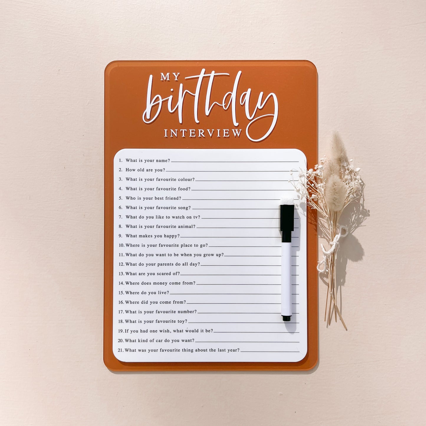 INTERVIEW Birthday Board (Writable + Reusable) + FREE Whiteboard Marker | Multiple Colour + Pattern Options
