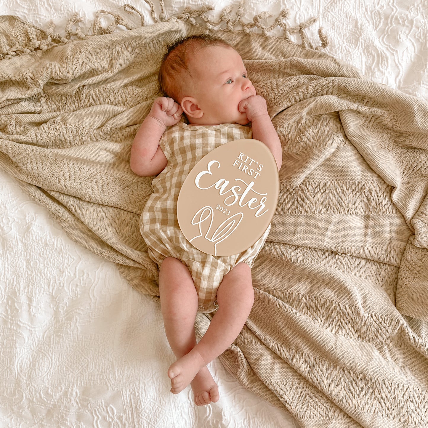 'FIRST EASTER' Acrylic Egg Plaque | Multiple Colour + Pattern Choices
