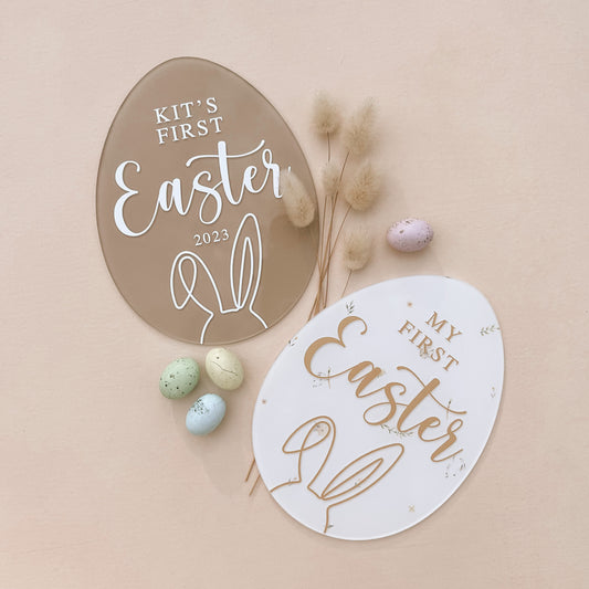 'FIRST EASTER' Acrylic Egg Plaque | Multiple Colour + Pattern Choices