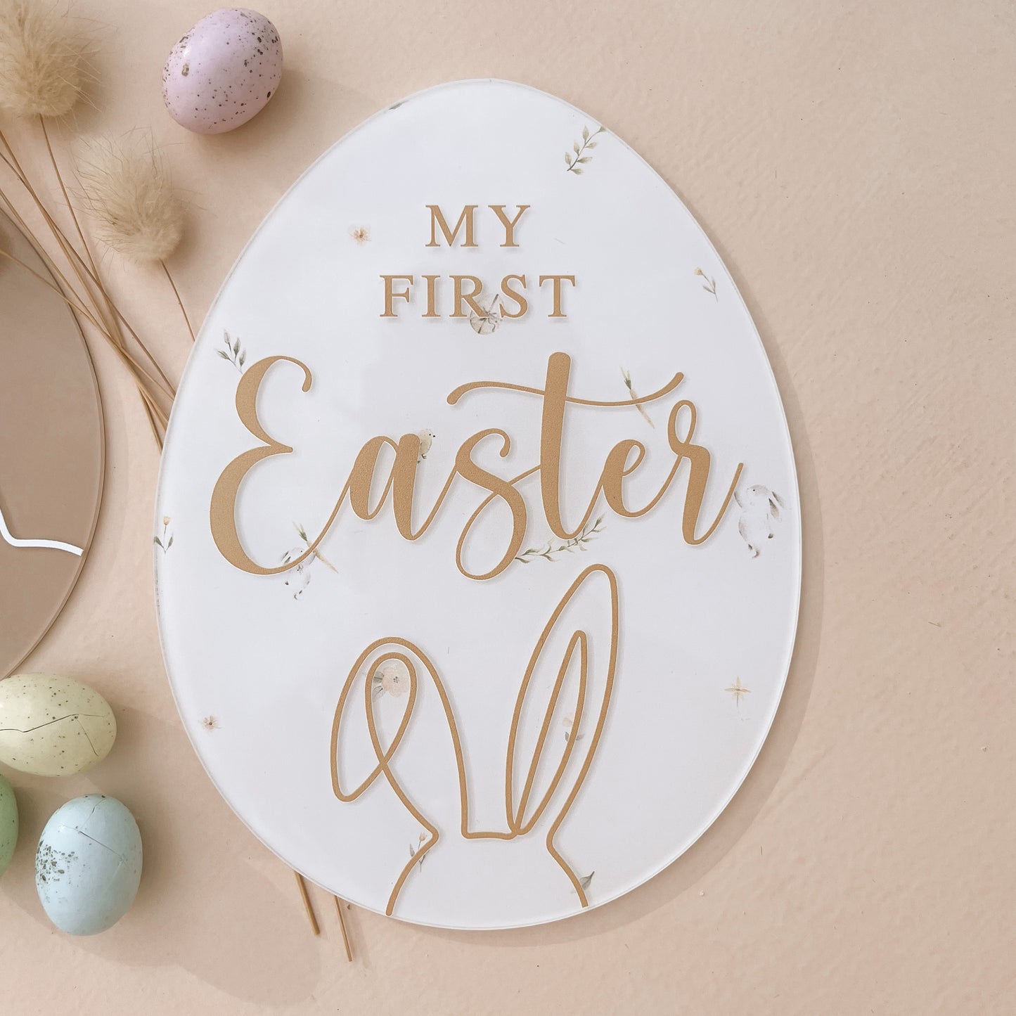 'FIRST EASTER' Acrylic Egg Plaque | Multiple Colour + Pattern Choices