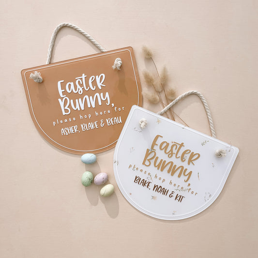 'Easter Bunny, Hop Here' SIGN | PERSONALISED | Multiple Colour or Pattern Choices
