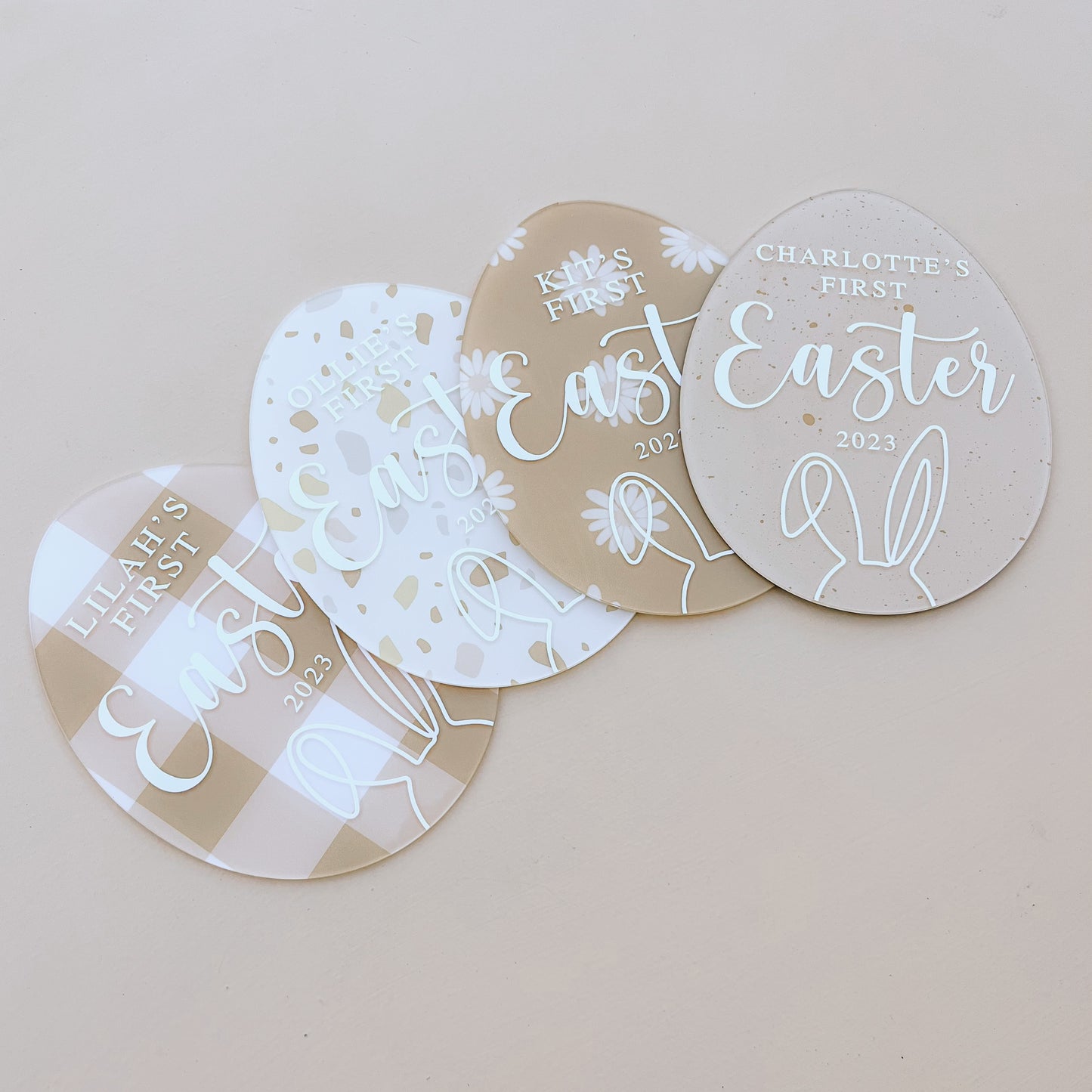 'FIRST EASTER' Acrylic Egg Plaque | Multiple Colour + Pattern Choices