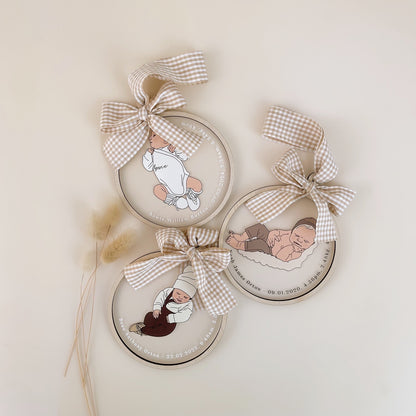 HAND DRAWN NEWBORN BABY + BIRTH DETAILS ORNAMENT | Personalised - Based on Your Photo