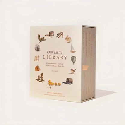 Book set packaging titled 'Our Little Library' with illustrations on a white background
