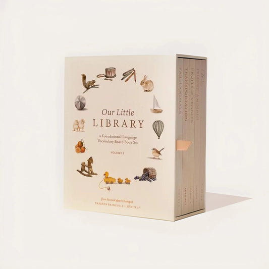 Book set packaging titled 'Our Little Library' with illustrations on a white background