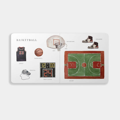 Illustrated book open to a page about basketball with various related images.