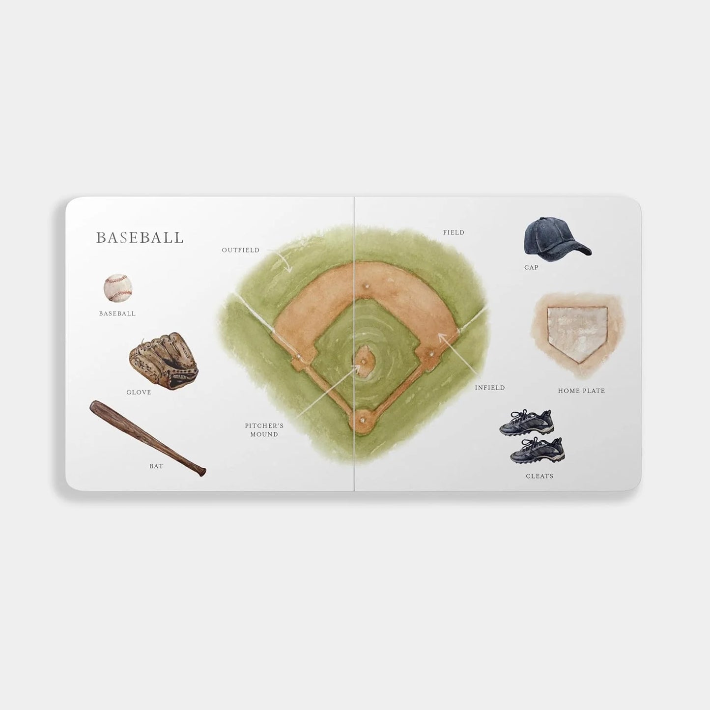 Educational children's book about baseball with illustrations on a white background