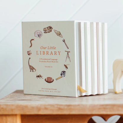 Set of children's books titled 'Our Little Library' on a wooden surface with a white geometric patterned wall in the background.