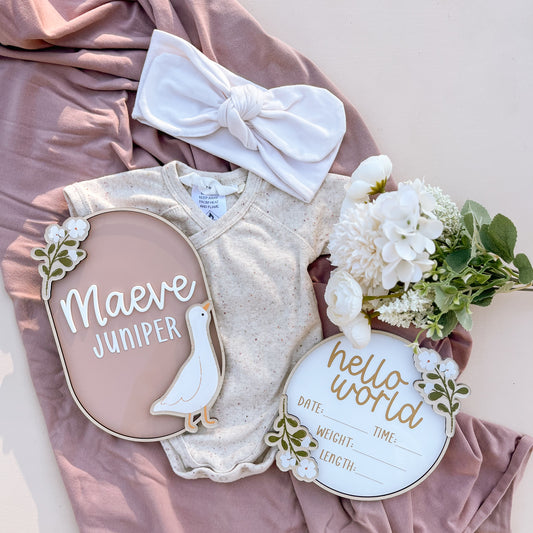 BUNDLE - GOOSE NAME PLAQUE + BABY BIRTH ANNOUNCEMENT | Personalised | Multiple Colour Options