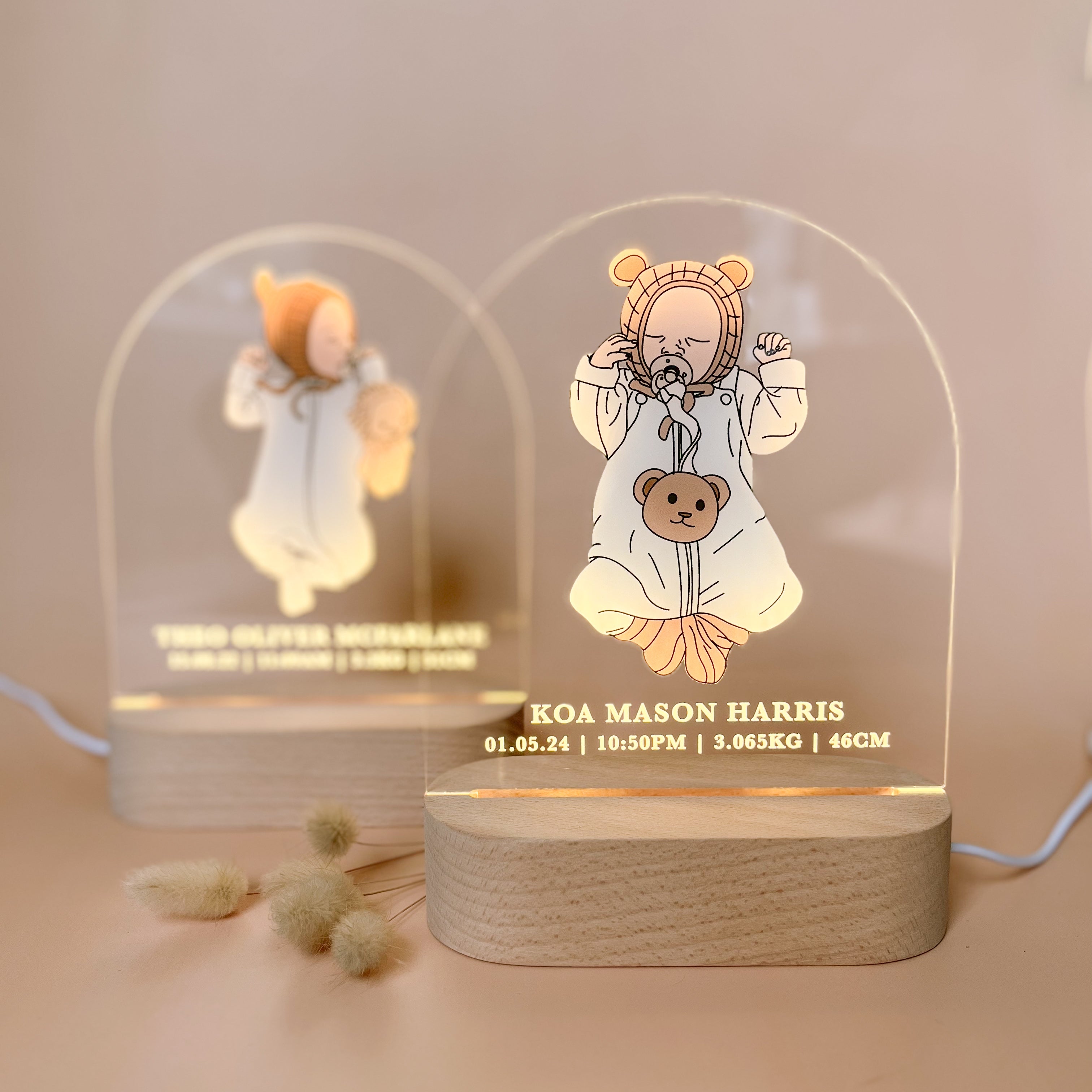 NIGHTLIGHT - HAND DRAWN NEWBORN BABY + BIRTH DETAILS | Personalised - Based On Your Photo