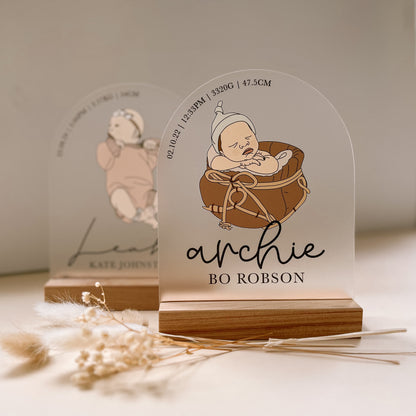 NEWBORN BABY HAND DRAWN ARCH | Personalised - Based On Your Photo | Multiple Colour & Size Choices + Optional Timber Stand Add-On