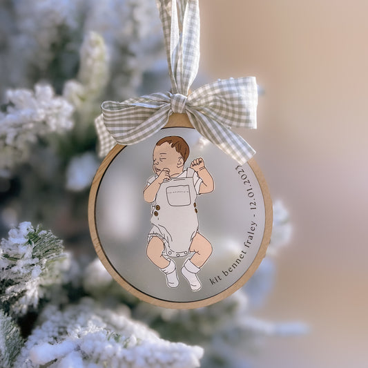 HAND DRAWN NEWBORN BABY + BIRTH DETAILS ORNAMENT | Personalised - Based on Your Photo