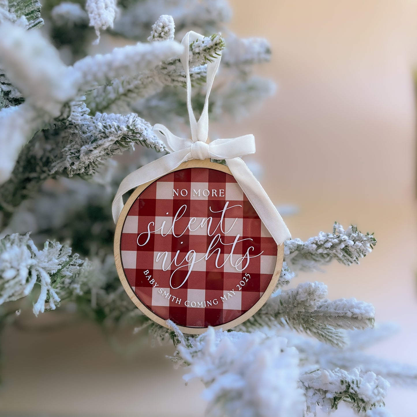 NO MORE SILENT NIGHTS | Personalised Pregnancy Announcement Christmas Ornament | Multiple Colour + Pattern Options