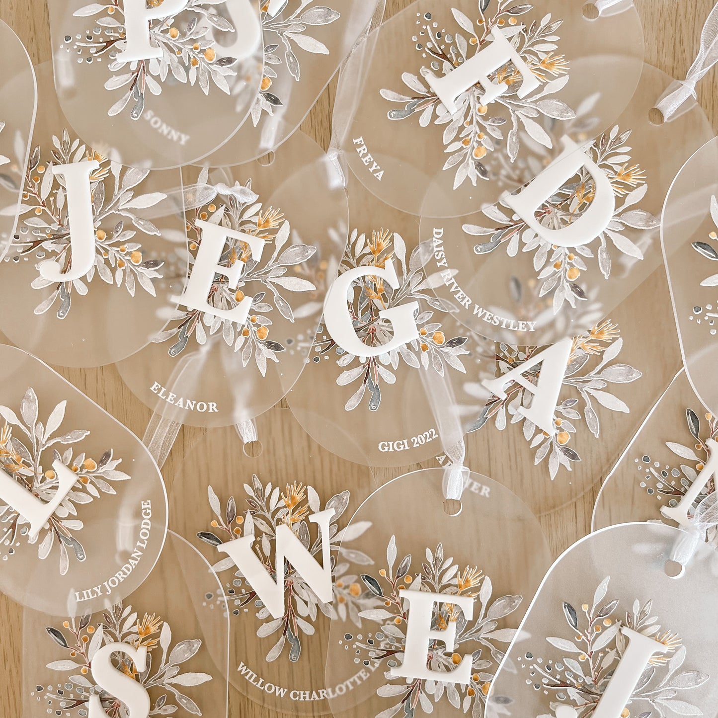 LEAF + INITIAL DETAIL FROSTED ACRYLIC ORNAMENT | Personalised | 3 Shapes