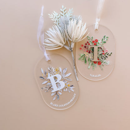 LEAF + INITIAL DETAIL FROSTED ACRYLIC ORNAMENT | Personalised | 3 Shapes