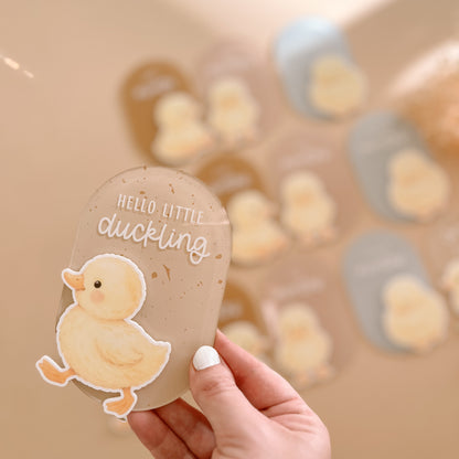 Duck themed baby milestone card with watercolour duckling design in neutral nursery tones