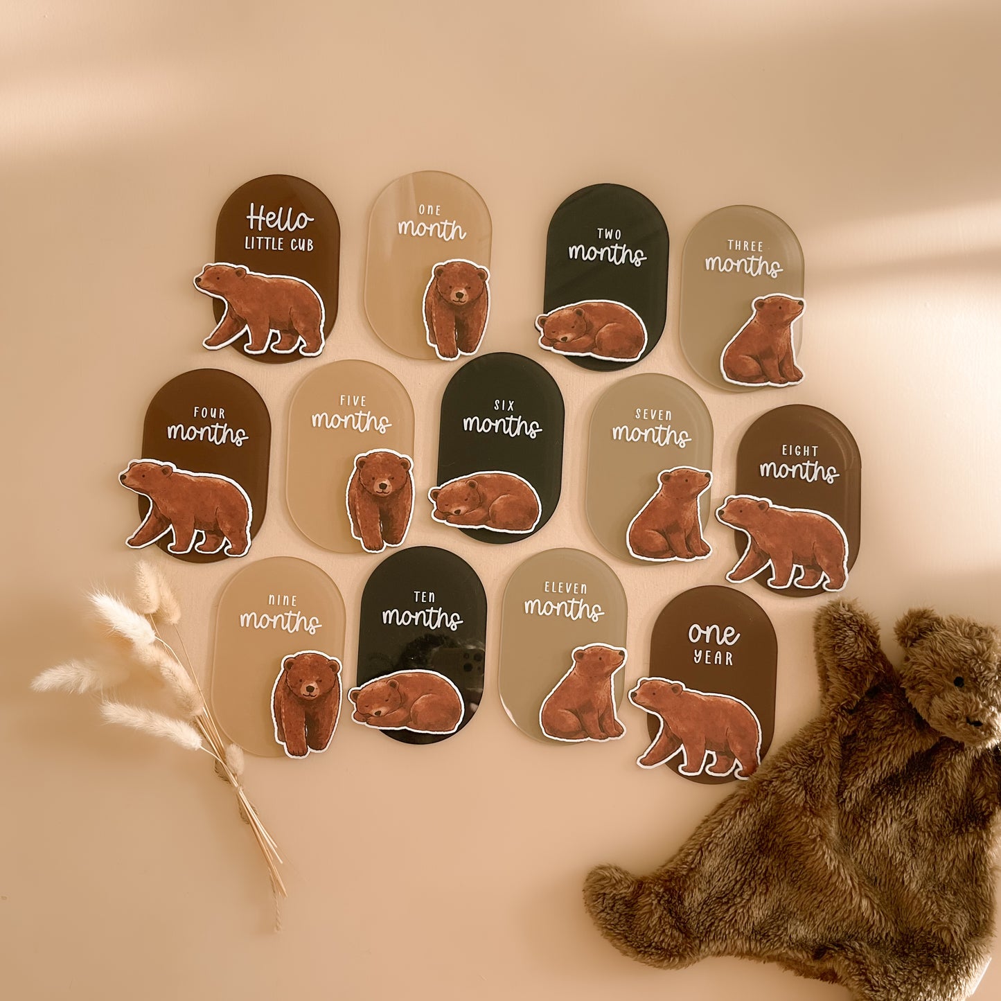 Bear themed baby milestone cards with watercolour bear illustrations in neutral nursery colours