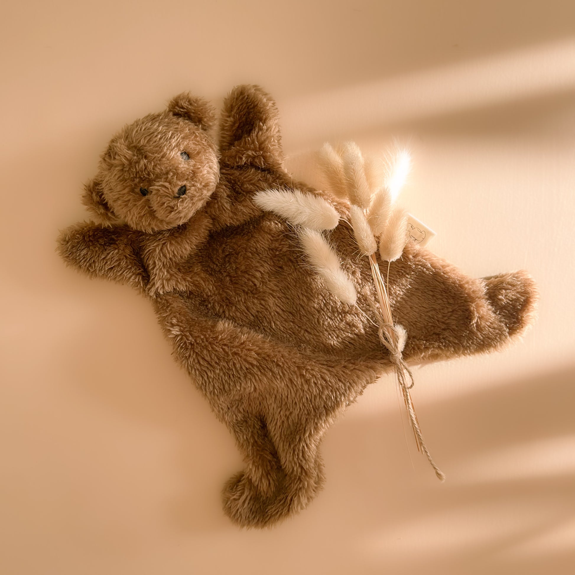 Soft teddy bear baby comforter plush toy in neutral brown tones for newborns