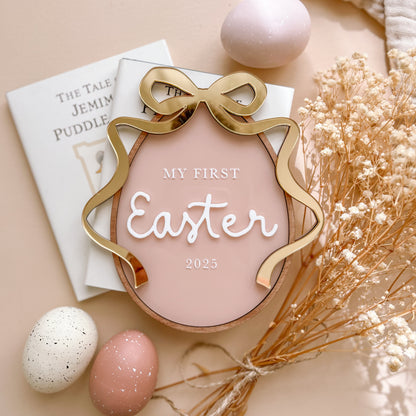 Personalised Gold Bow First Easter Plaque | Multiple Colour + Pattern Options