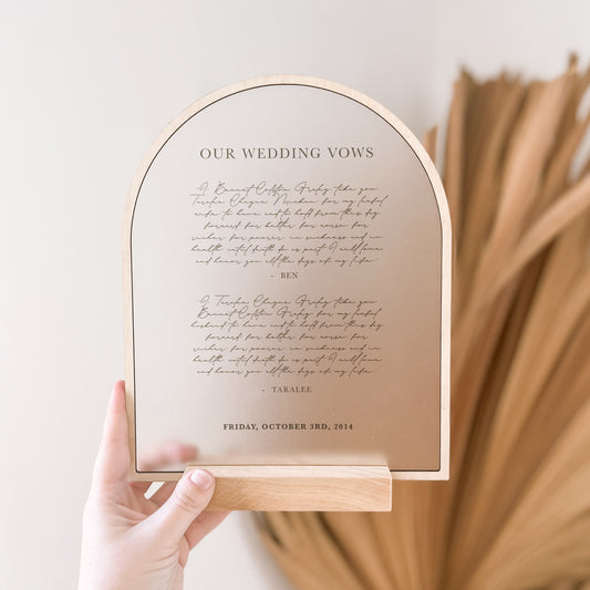 Wedding Vows Plaque with Wooden Border + Stand | PERSONALISED | Multiple Colour Options