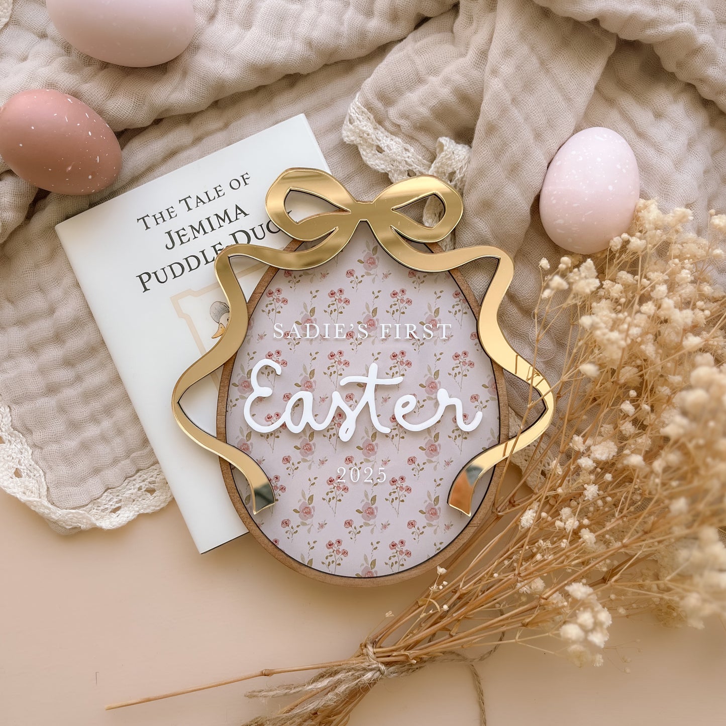 Personalised Gold Bow First Easter Plaque | Multiple Colour + Pattern Options