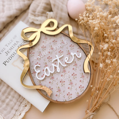 Personalised Gold Bow First Easter Plaque | Multiple Colour + Pattern Options