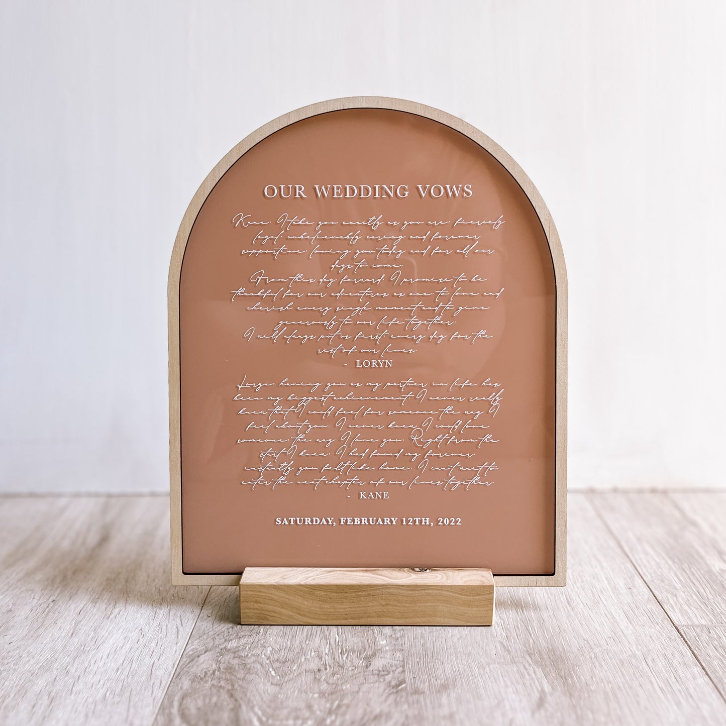 Wedding Vows Plaque with Wooden Border + Stand | PERSONALISED | Multiple Colour Options