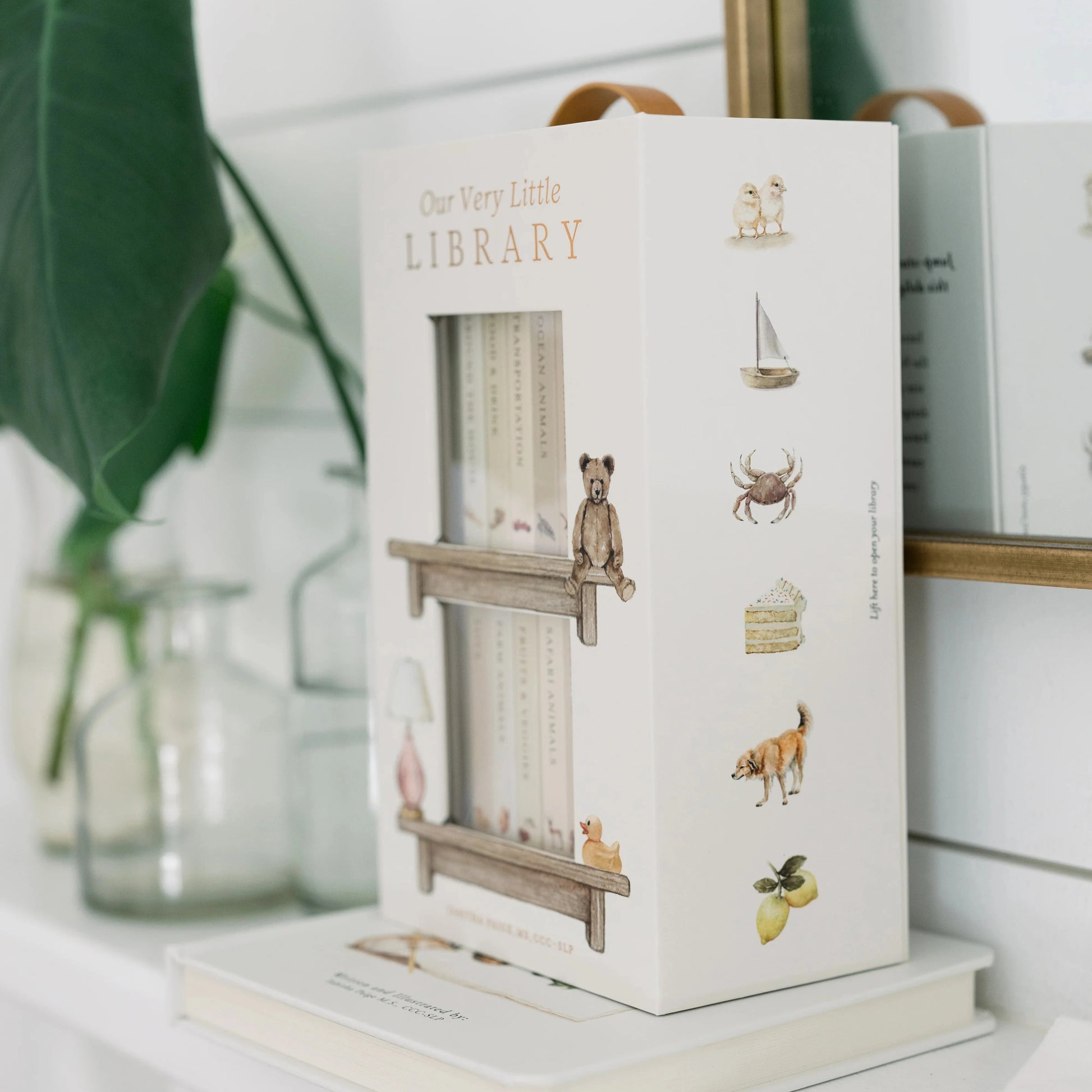 Children's bookshelf with a decorative box labeled 'Our Very Little Library' on a white surface.