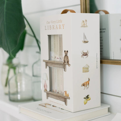Children's bookshelf with a decorative box labeled 'Our Very Little Library' on a white surface.
