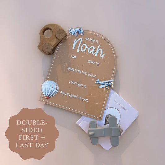 SCHOOL MILESTONE BOARD - VINTAGE TRANSPORT | Double-Sided First & Last Day | Multiple Colour + Pattern Options