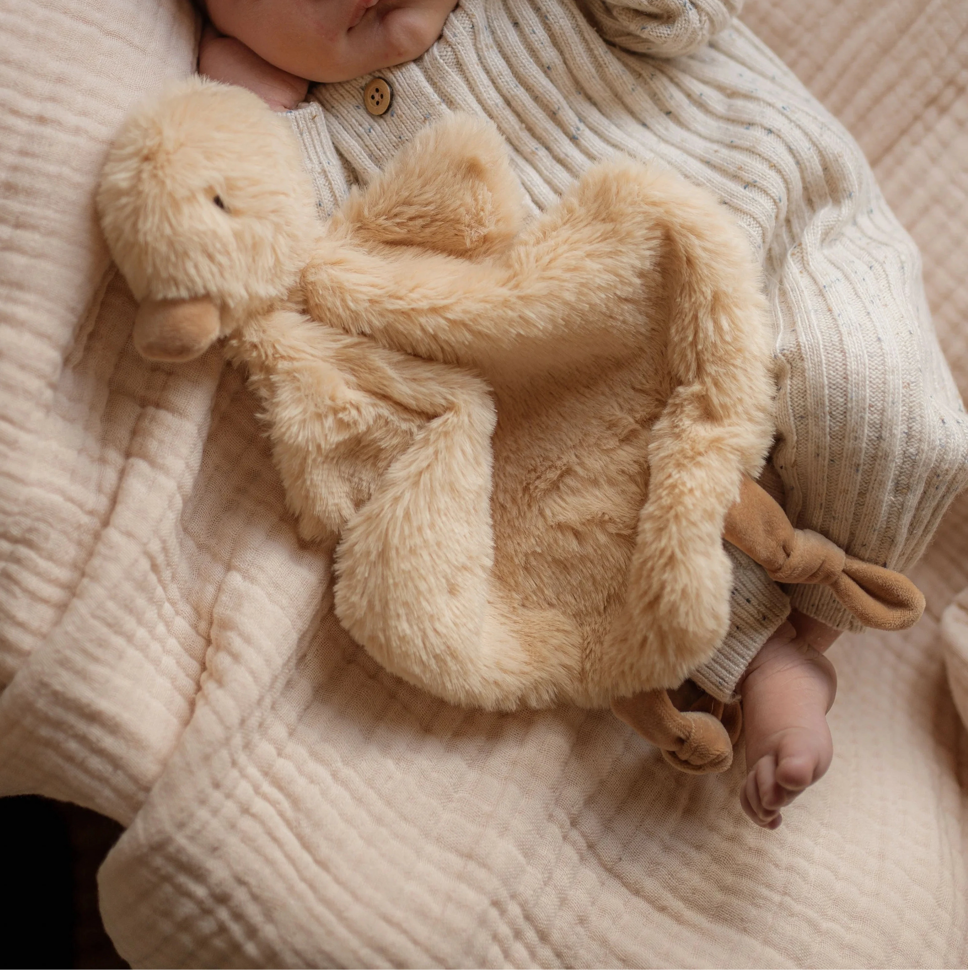 Soft duck baby comforter plush toy in neutral tones for newborns and babies