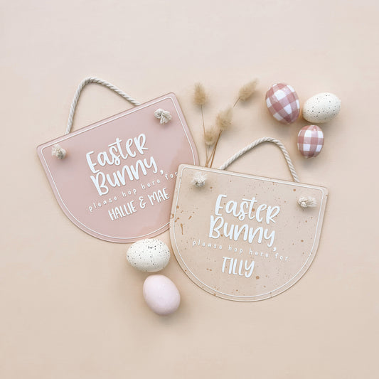 'Easter Bunny, Hop Here' SIGN | PERSONALISED | Multiple Colour or Pattern Choices