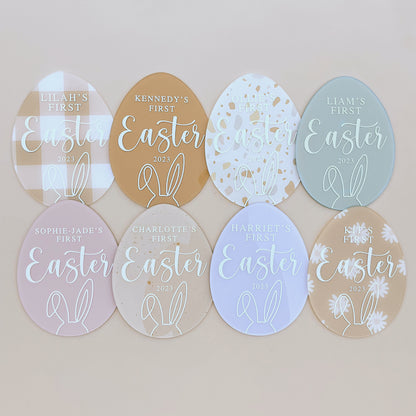 'FIRST EASTER' Acrylic Egg Plaque | Multiple Colour + Pattern Choices